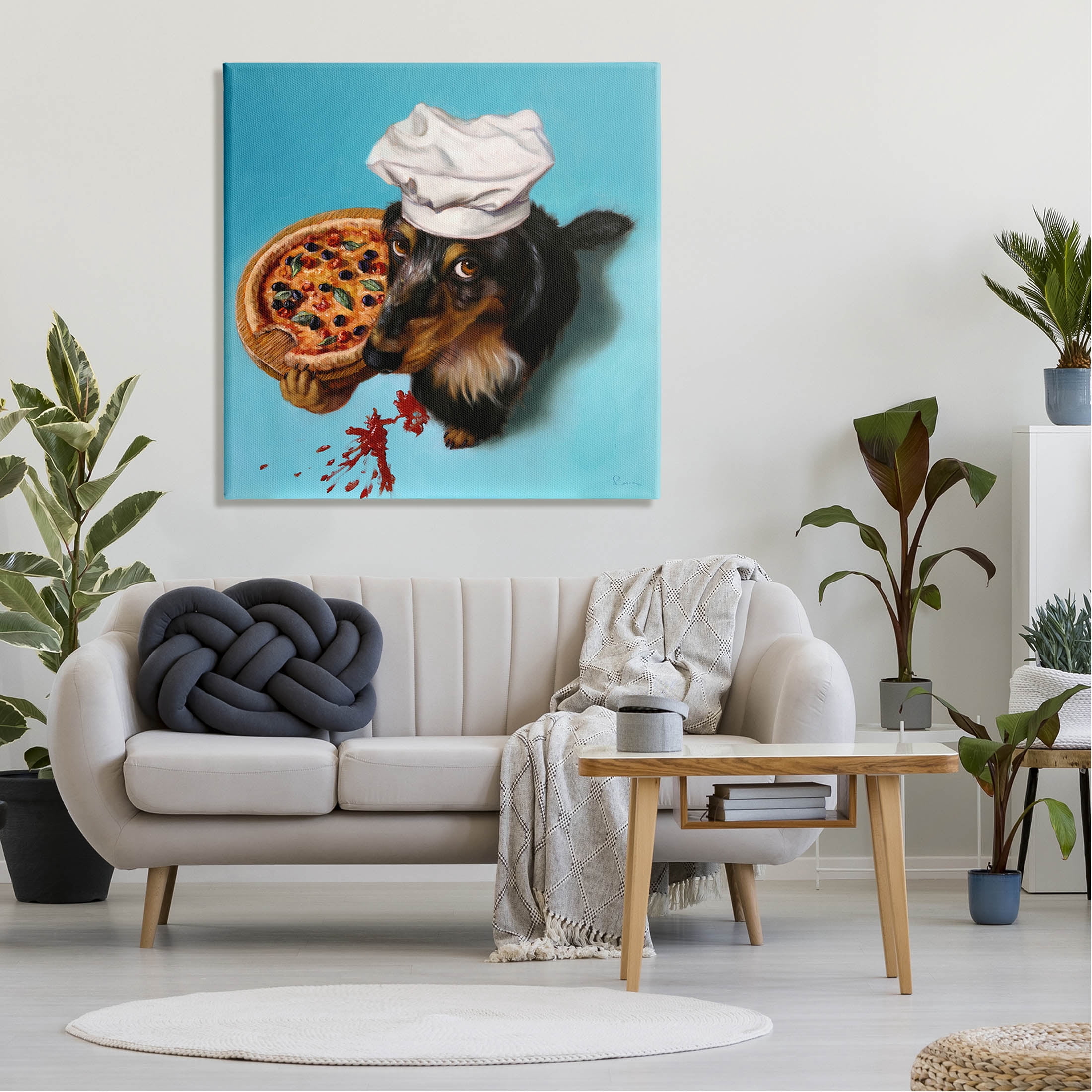 Dog Chef Pizza Bite Portrait Animals & Insects Painting Gallery Wrapped Canvas Print Wall Art