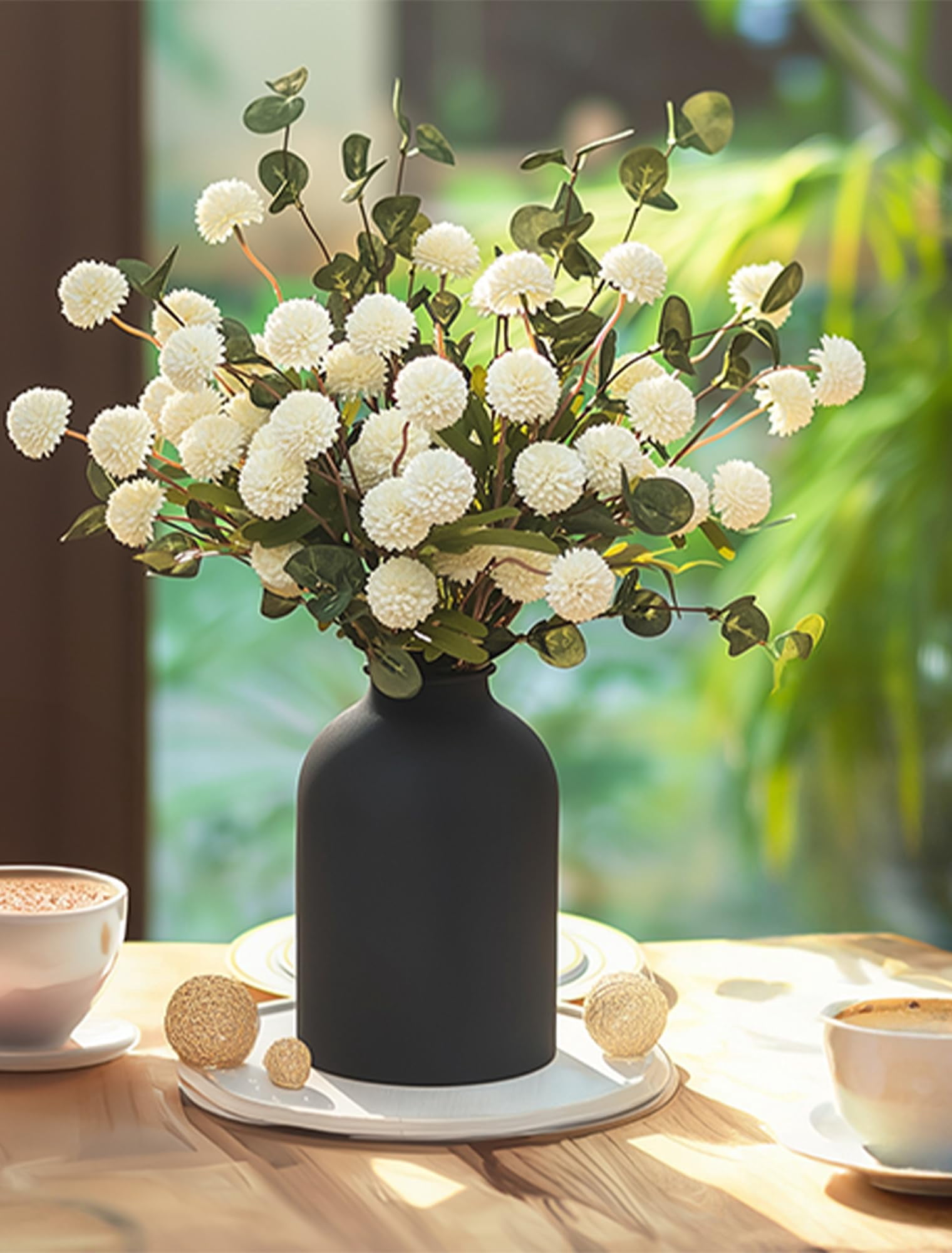 Nuptio Fake Flowers in Vase for Centerpieces: Metal Vase with 12 Stems of Artificial Mums Kiku Flowers Eucalyptuses Home Table Decor - White Faux Pom Poms Floral Arrangements for Living Room