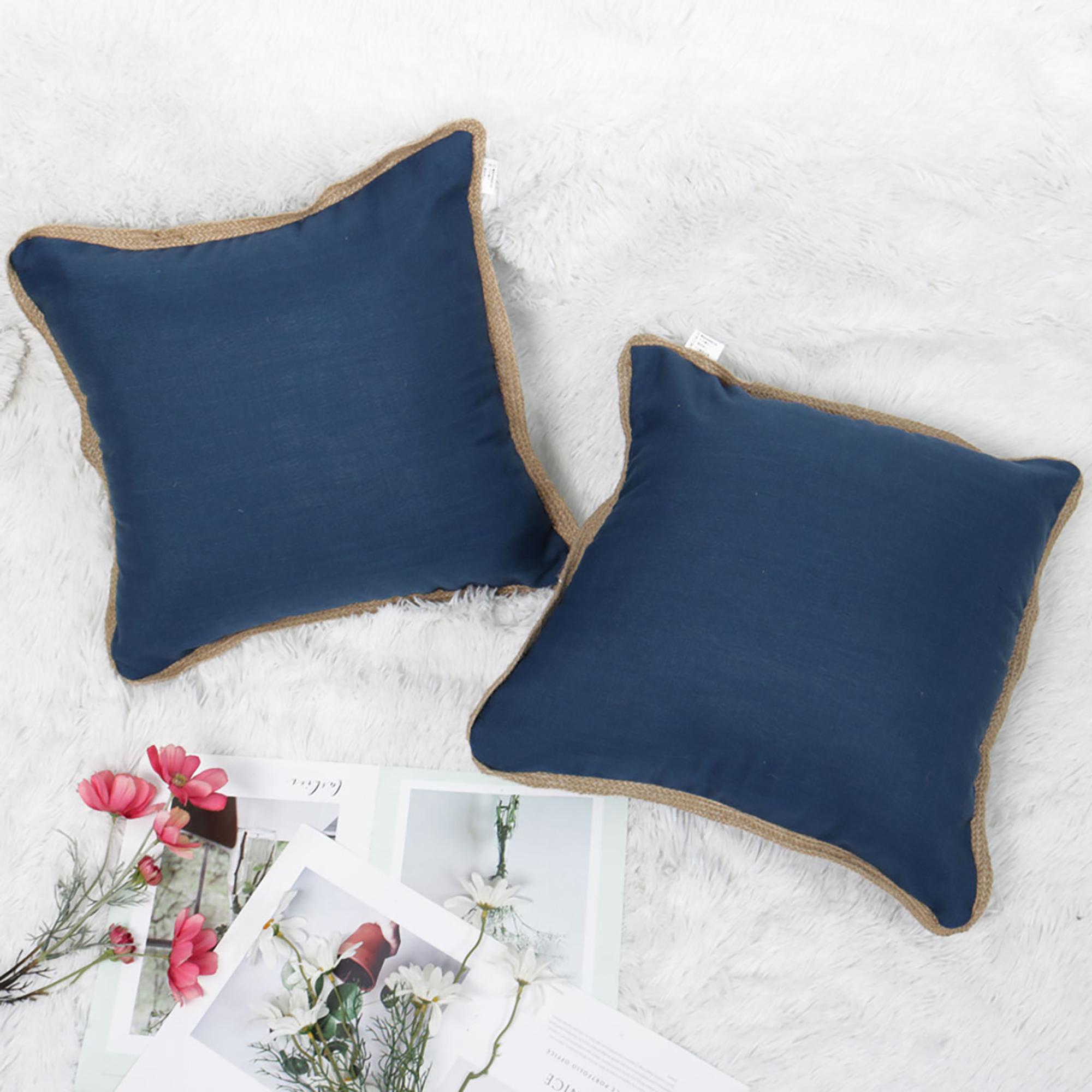 PiccoCasa 2 Pcs Contemporary Linen Edges Square Cushion Cover, Navy Blue, 18"x 18"