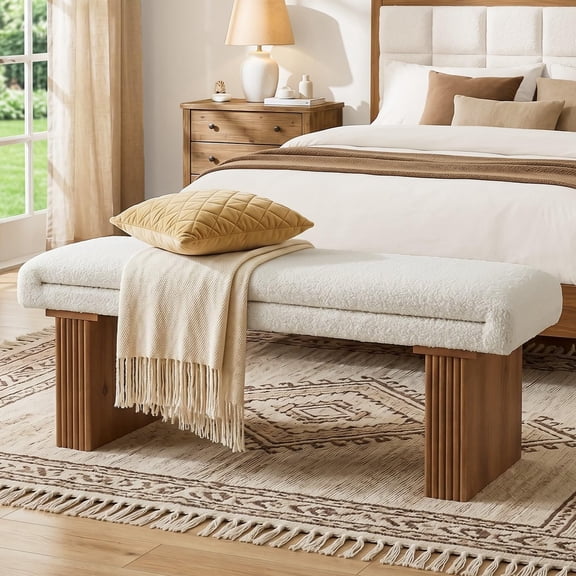 Finmind Solid Wood Entryway Bench, Upholstered End of Bed Bench, Living Room, White & Brown