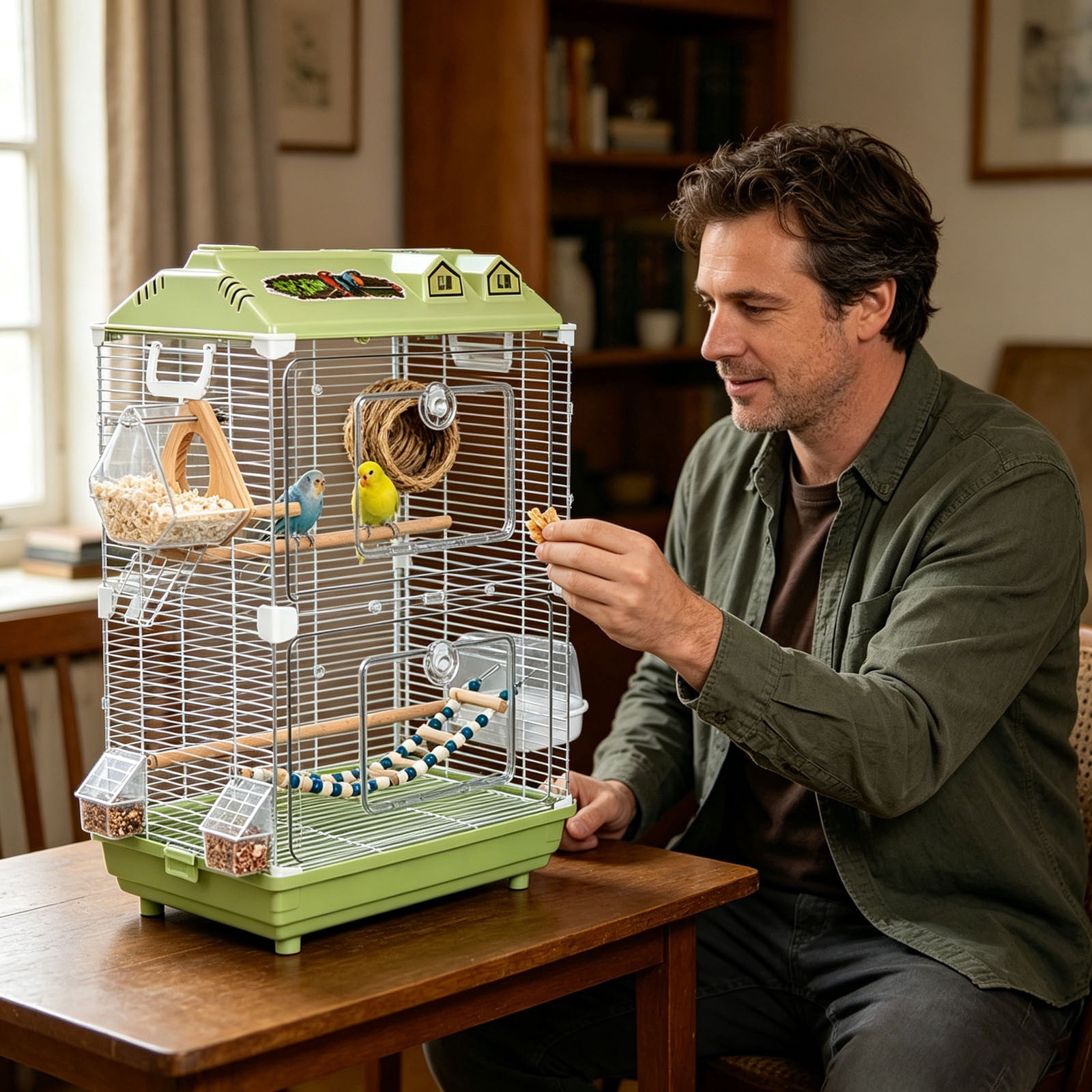 Large Wrought Iron Rolling Bird Cage with Detachable Stand Spacious Flight Aviary for Parakeets Finches Small Pet Birds | 18.50x11.81x30.31 in Green
