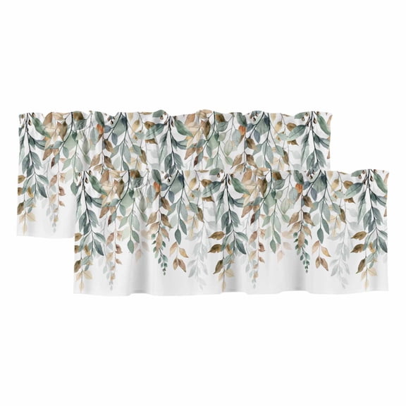 Green Brown Botanical Valances for Windows, Farmhouse Eucalyptus Leaves Light Filtering Kitchen Curtains, Rod Pocket Window Valance Curtains for Living Room Bedroom, 42" W x 18" L, 2 Panels