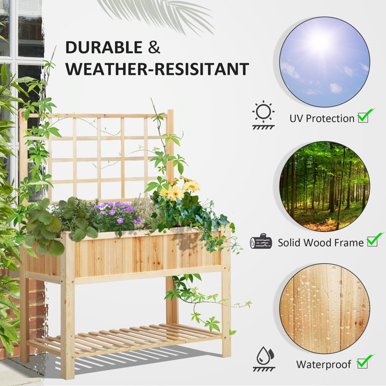 Outsunny 47'' Wooden Raised Garden Bed with Trellis, Coutryside Style  Elevated Planter Box Stand with Open Storage Shelf, Spacious Planting Area  for