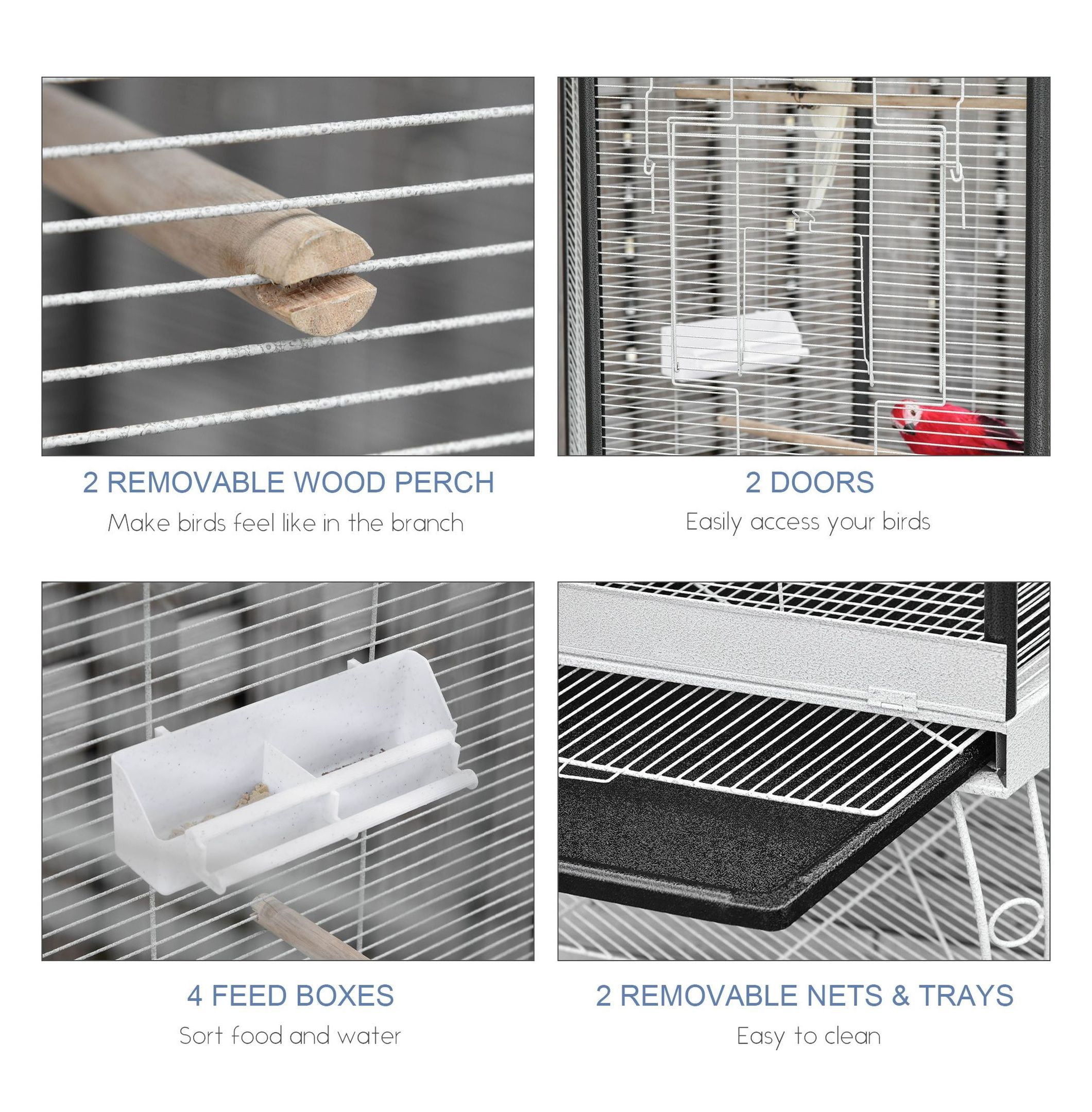 77" Bird Cage, Hexagon Aviary with Canopy & Stand, Portable Bird Cage with Storage, Gray & White