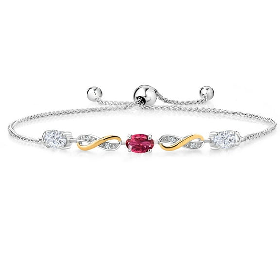 Gem Stone King 925 Silver and 10K Yellow Gold Pink Tourmaline Lab Grown Diamond Bracelet for Women Set with Moissanite (1.51 Cttw)