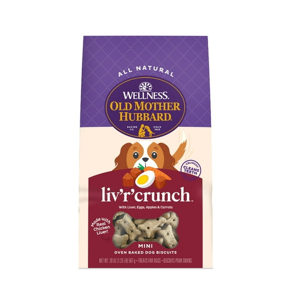 Wellness Old Mother Hubbard Liv'R'Crunch Dog Biscuits, Natural, Training Treats, Chicken Liver, Oats, Apples, Carrots, & Eggs Flavor, Mini Size, (20 Ounce Bag)