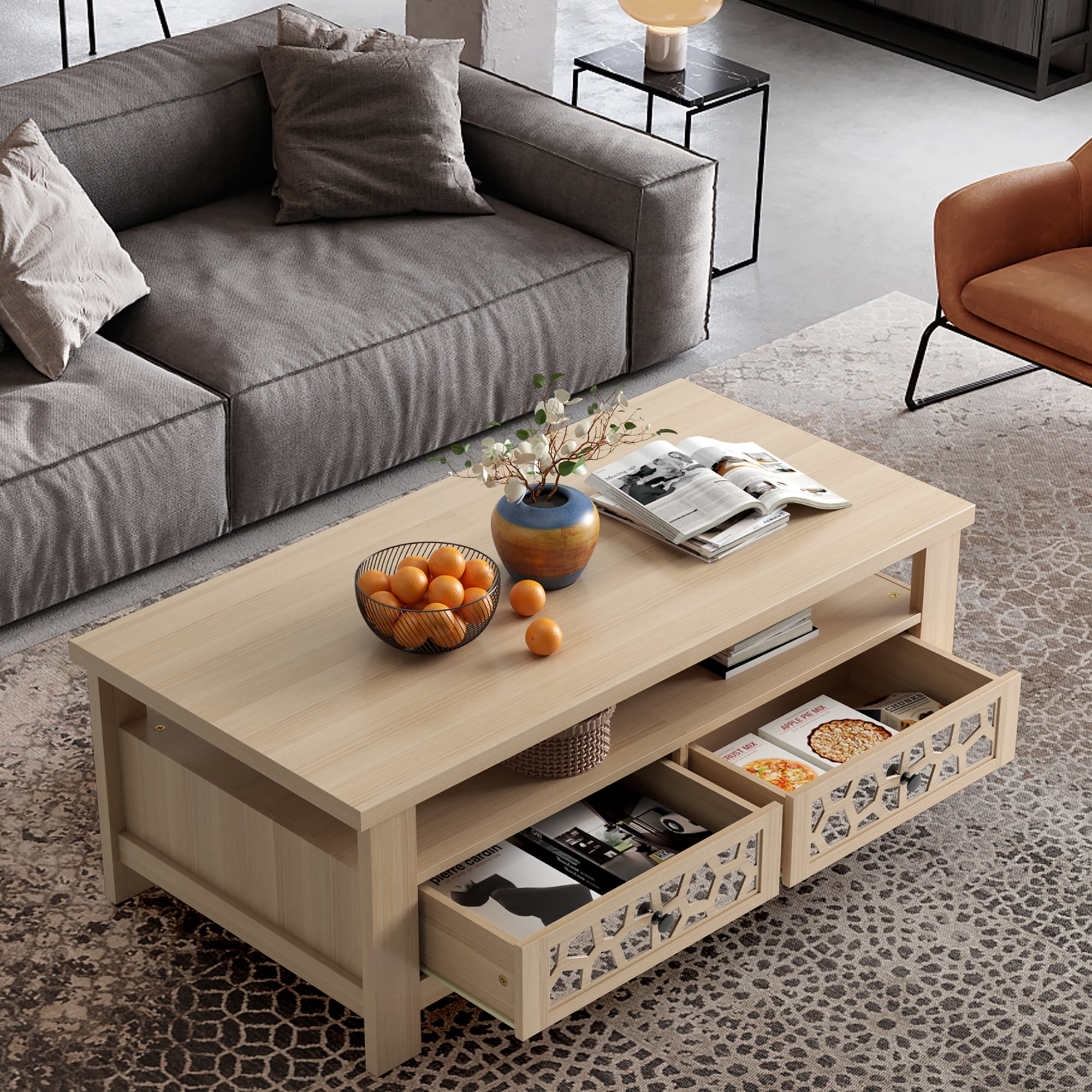 Costway Coffee Table with2 Drawers & Open Shelf Modern Rectangular Wood Living Room Table Natural