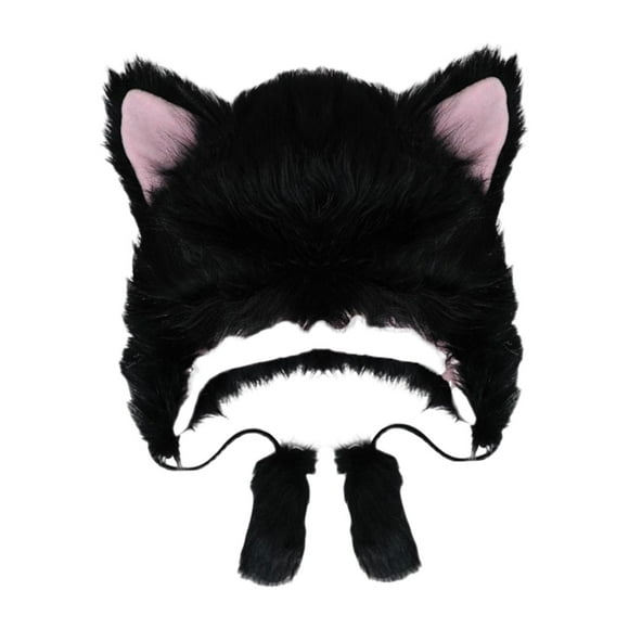 Cat Plush Hat Headdress Prop Portable, Cute Unisex Windproof Funny Cat Winter Cartoon Animal Hat for Cosplay kids Play Dress up New Year Black