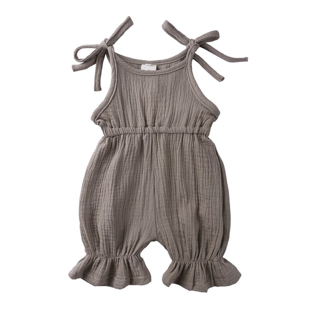 Body De Bebé Canastilla Onesies Para Niñas Pequeñas Moda Lindo Color Sólido Algodón Lino Volantes Frenillo Mono Caqui Odeerbi LM103-9017
