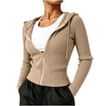 thumbnail image 6 of Xaqiouau Women's Ribbed Zip Up Hoodie Slim Fit Long Sleeve Hooded Jacket Lightweight Stretch Knit Full Zip Sweatshirt Casual Fall Winter Outerwear, 6 of 7