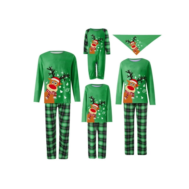 Christmas Family Pajamas Matching Sets Xmas Matching Pjs, Long Sleeve Deer Tops + Plaid Pants Set for Adults, Kid, Baby, Dog