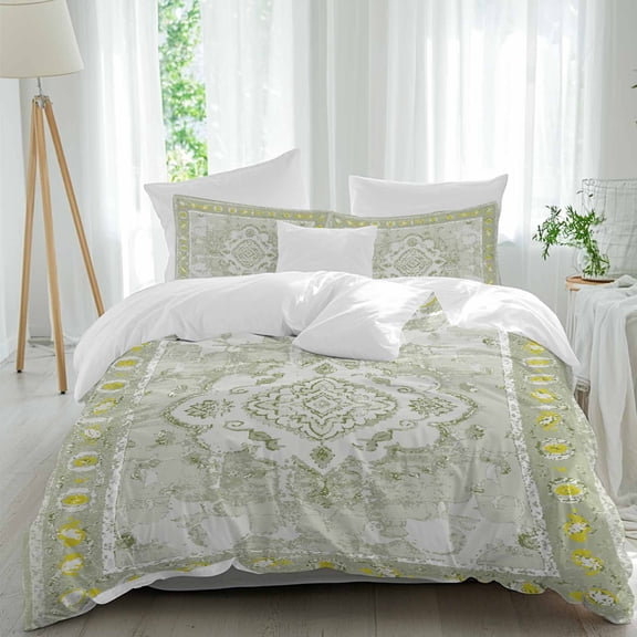 3 Piece Sage Green Duvet Cover Set Queen Size,Microfiber Comforter/Quilt Cover with Corner Ties and 2 Pillowcases,Boho Retro Decorative Abstract Floral Ethnic All Season Bedding with Zipper Closure