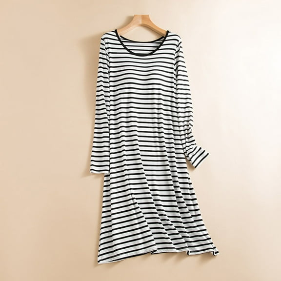 Censtreet Women's Nightgowns Soft Stripe Nightdress Long Sleeve Night Shirt Sleepwear with Chest Pad