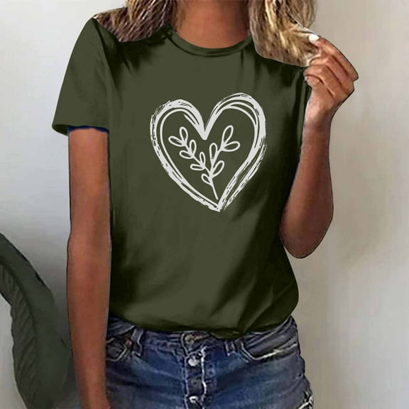 Otvok Womens Round Neck Floral Print Short Sleeved Casual Loose Valentine'S Tops