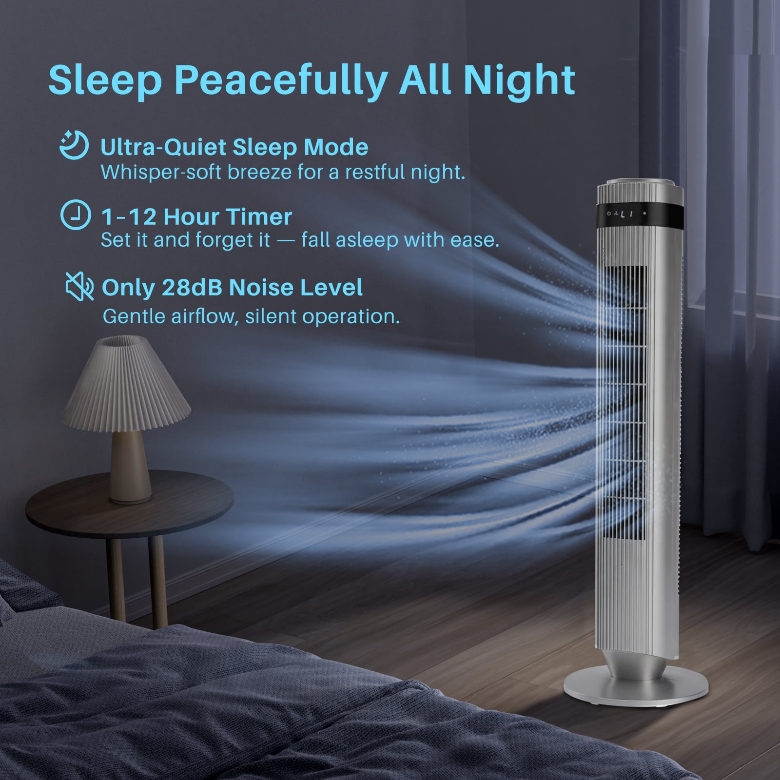 Tower Fan for Home, 64° swivel Standing Floor Fan with Remote, Bladeless Fan Cold Air Quiet, 5 Speeds, 4 Modes, LED Display, Gray