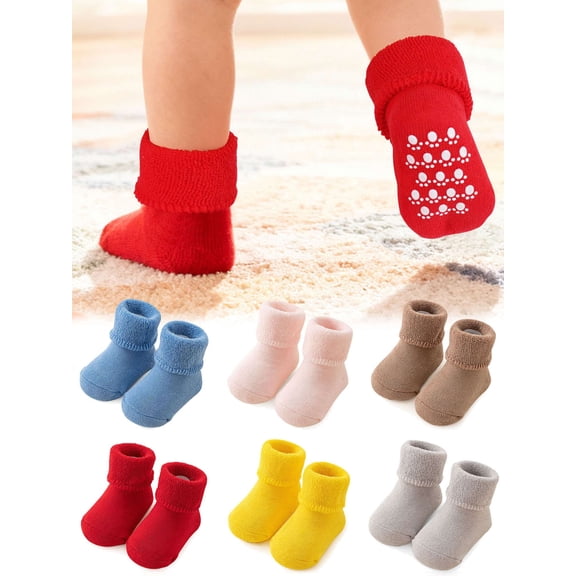 Deago 6 Pairs Baby Boys Girls Non Slip Slipper Socks Child Infant Toddlers Kids Winter Warm Thick Cotton Ankle Crew Socks with Grips