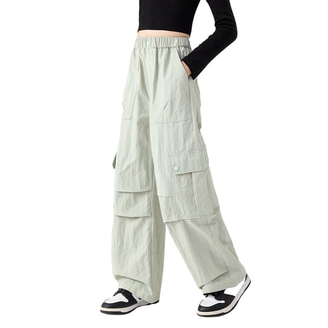 Girls' Vintage Cargo Pants with Pockets - Polyester, Solid Color, Streetwear Style, 4-14 Years, Relaxed Fit