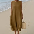 thumbnail image 2 of Ecqkame 2025 Women's Summer Dress Solid Color Round Neck Sleeveless Casual Dress Loose Wrinkle-Free Long Vacation Dress with Pockets Brown XXL, 2 of 4