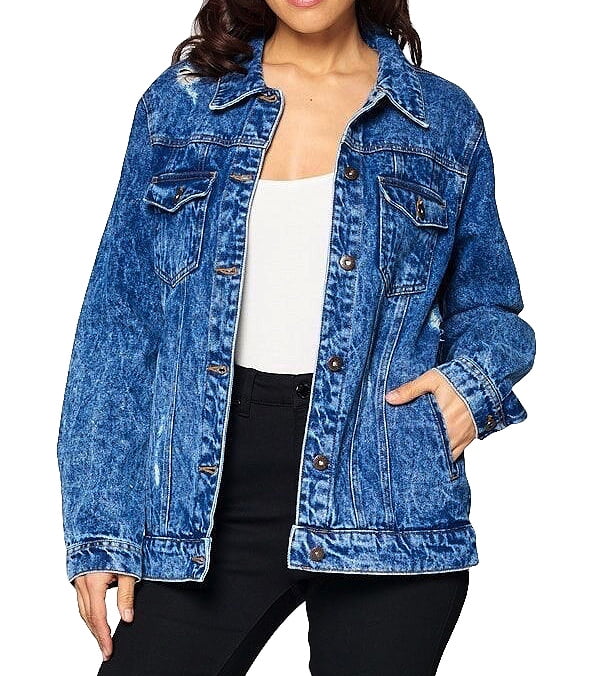 Women’s Premium Casual Faded Distressed Denim Jean Button Up Cotton Jacket 