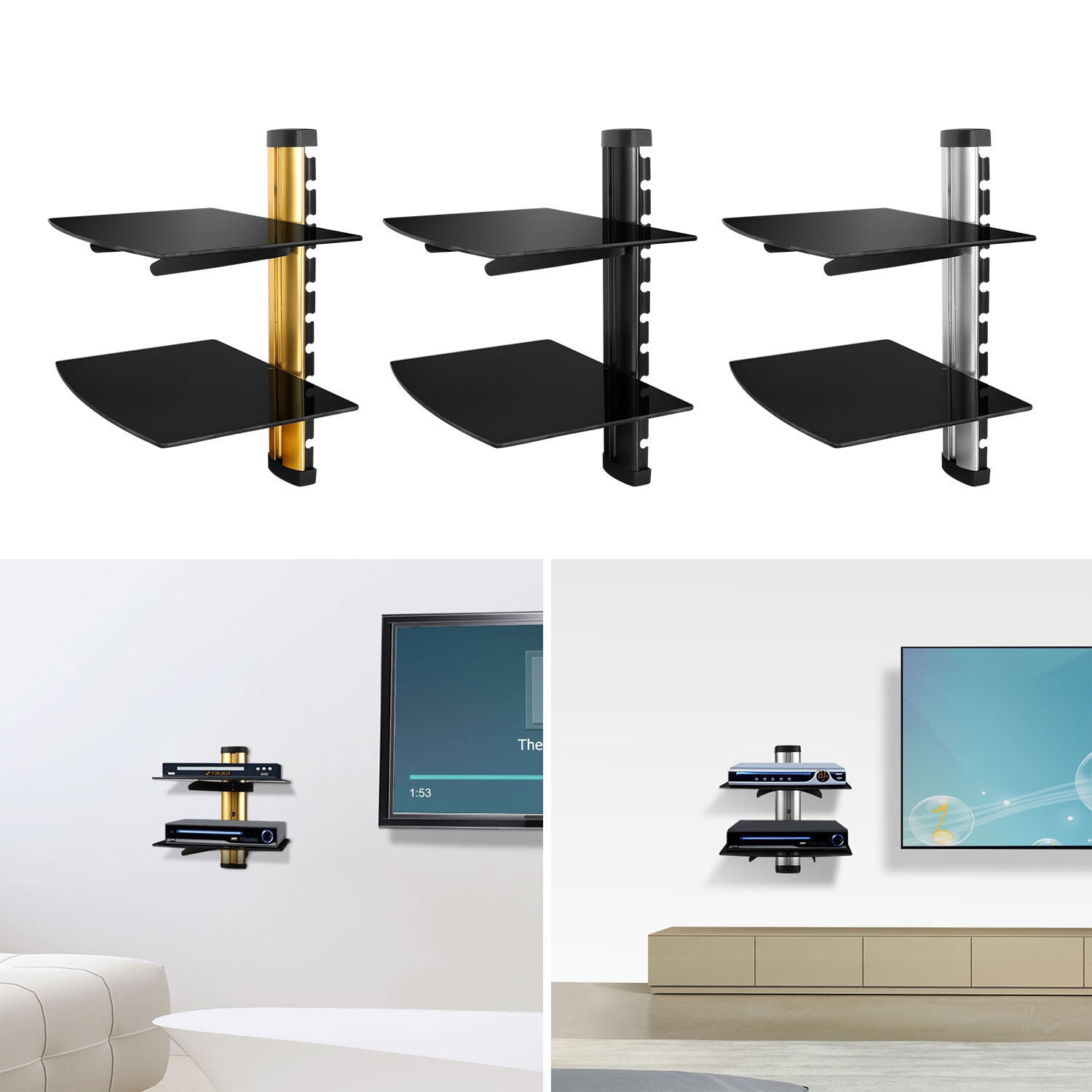 Single/Dual Glass Shelf Wall Mount Under TV Cable Box Component DVD DVR