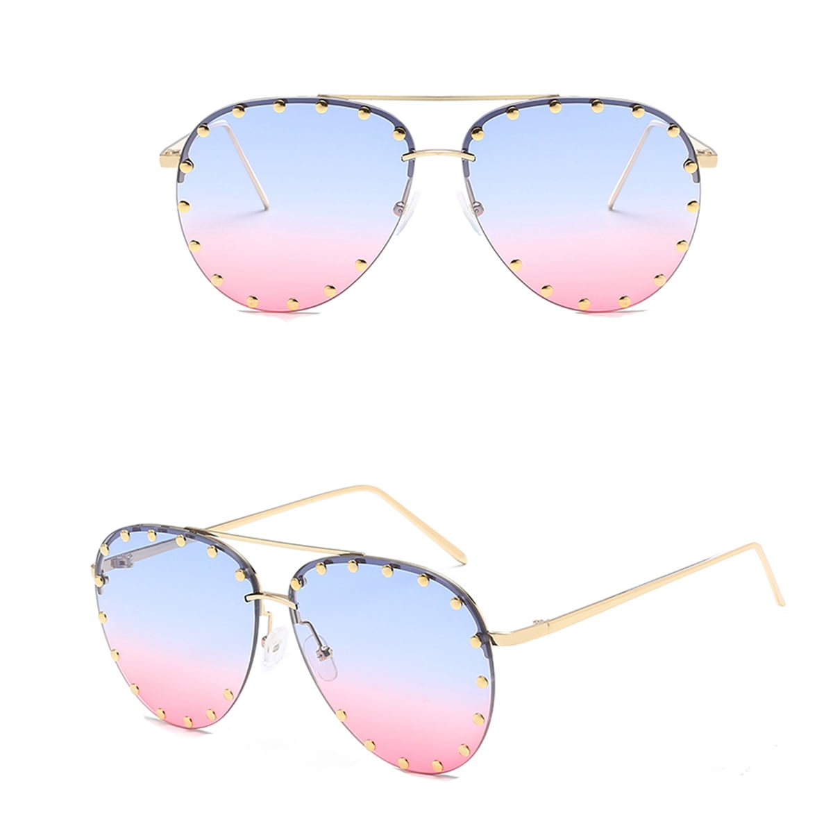 Fashion Culture Affair Studded Aviator Sunglasses Blue Pink Ombre Lens, 