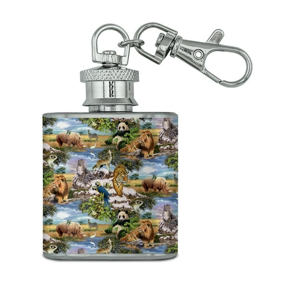 World Wildlife Snow Leopard Rhino Wolf Lion Pattern Stainless Steel 1oz Mini Flask Key Chain
