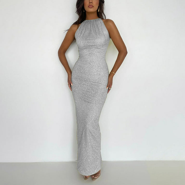 CAICJ98 Long Dresses for Women Women's Elegant Long Sleeve Off Shoulder  Bodycon Long Evening formal Dress Silver,M 