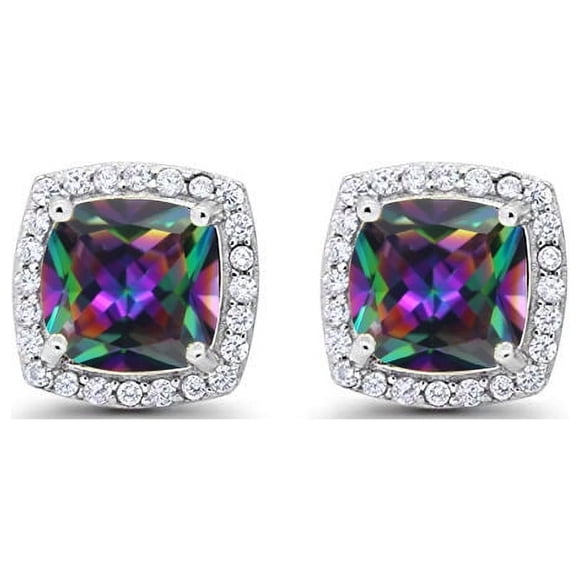 Paris Jewelry Aretes de Oro Blanco de 18 Pza con Topacio Místico de Talla Princesa y Halo Creado de 4 Pza