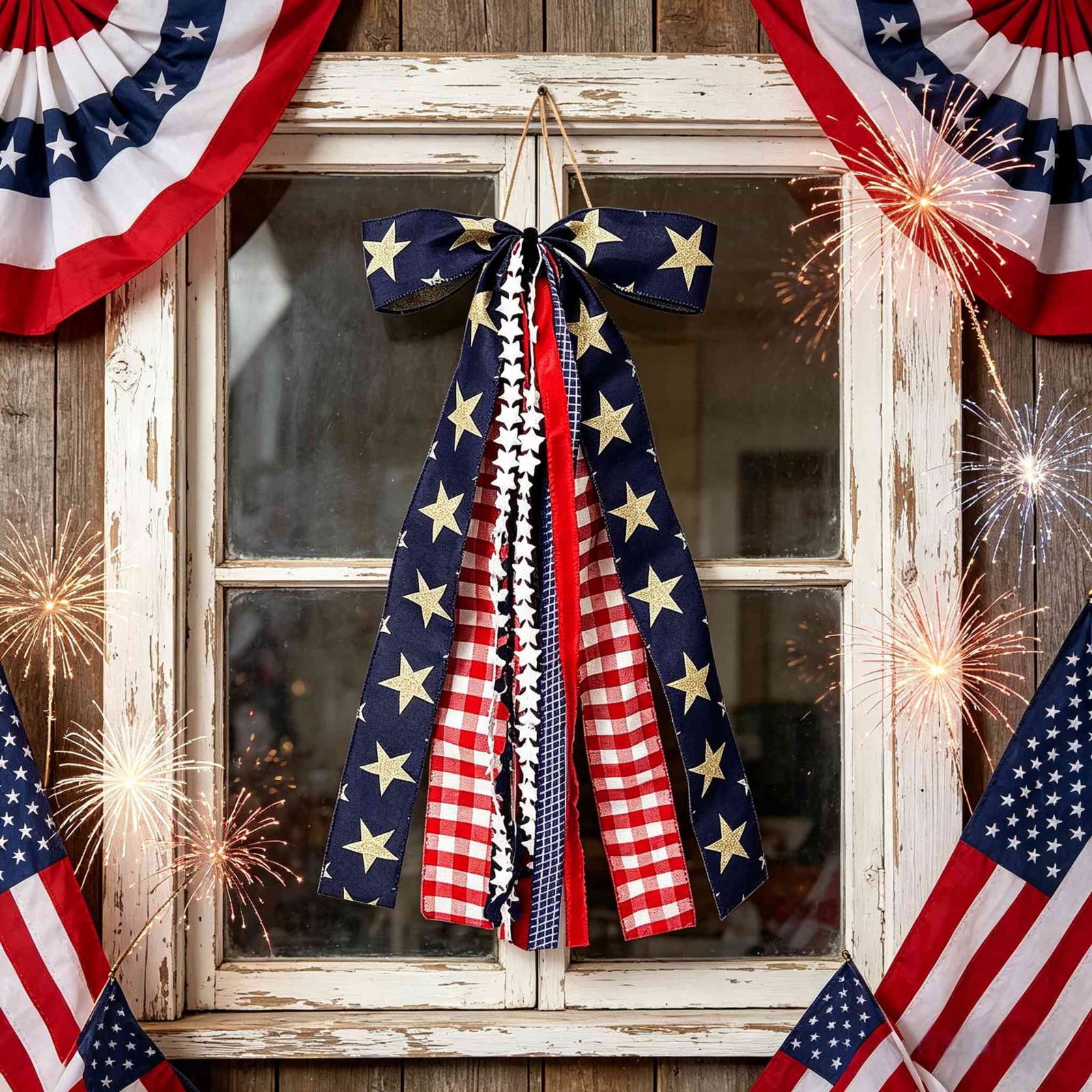 Seyotauo Large Patriotic Ribbon Bow, 4th of July Red White and Blue Bows Clip-On Star Sash Patriotic Wreaths for Front Door Indoor Outdoor Memorial Day Decoration, for Patriotic Indoor Outdoor Decor