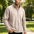 thumbnail image 5 of Men Vertical Rib Knit Jackets Liweisiy Full Zip Stand Collar Oversized Long Sleeve Coat Casual Cardigan Coat Khaki 3XL, 5 of 8