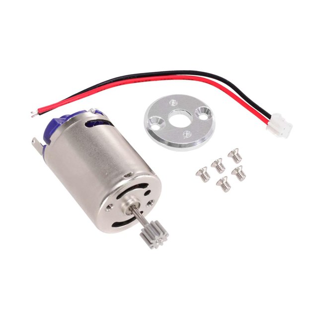 motor de coche rc 370 con engranaje de 10 dientes, piezas de vehículo de control remoto con soporte, 27000 rpm base de plata Vista frontal, motor 370 cepillado plateado con pinión de 10 dientes en el eje, base circular de montaje plateada, cableado rojo y negro con conector y cuatro tornillos; compatible con MN78/MN99S 1/12 y C24/C34 1/16; a menudo usado también para reemplazo de motores de hobby estándar.