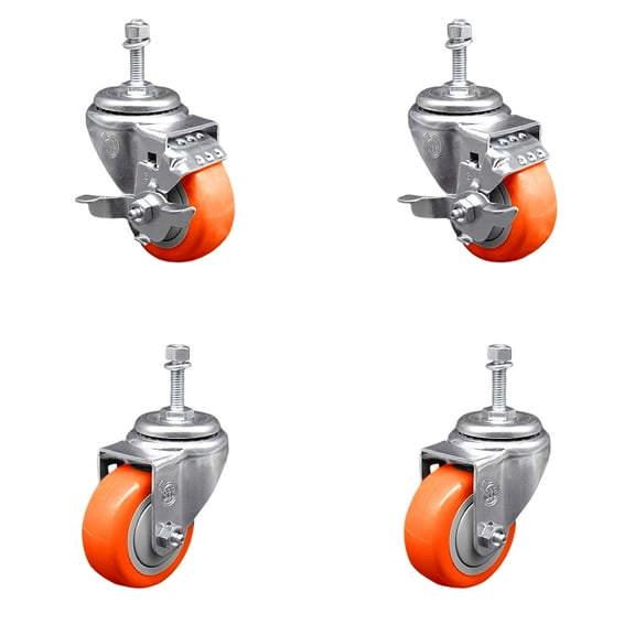 3 Inch Orange Poly Wheel Swivel 3/8 Inch Threaded Stem Caster Set 2 Brakes