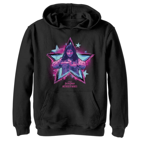 Boy's Marvel Doctor Strange in the Multiverse of Madness Neon America Chavez  Pull Over Hoodie Black X Large