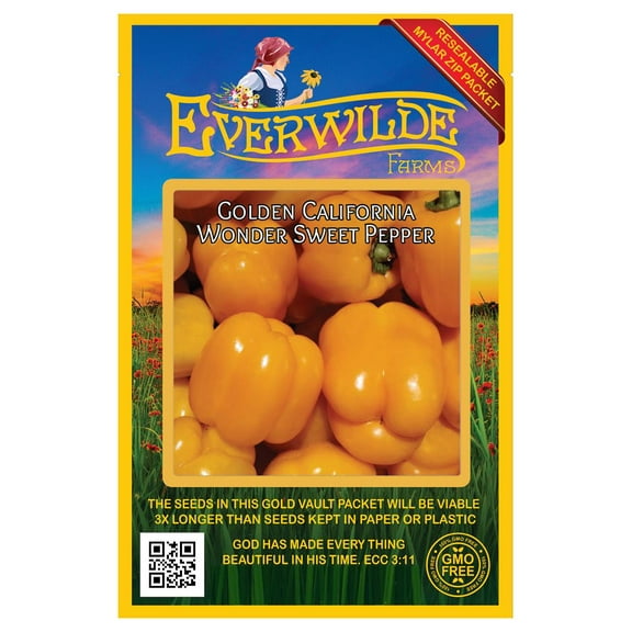Everwilde Farms - 50 Golden California Wonder Sweet Pepper Seeds - Gold Vault Seed Packet