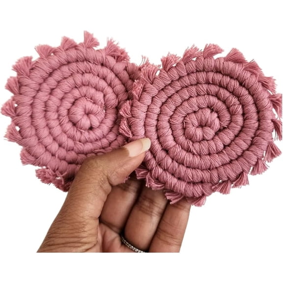 2-Pack Macrame Woven Car Cup Coasters - Champagne Pink Boho Style, Anti-Slip & Stain-Resistant Cup Holder Pads, Cute Car Interior Accessories for Women