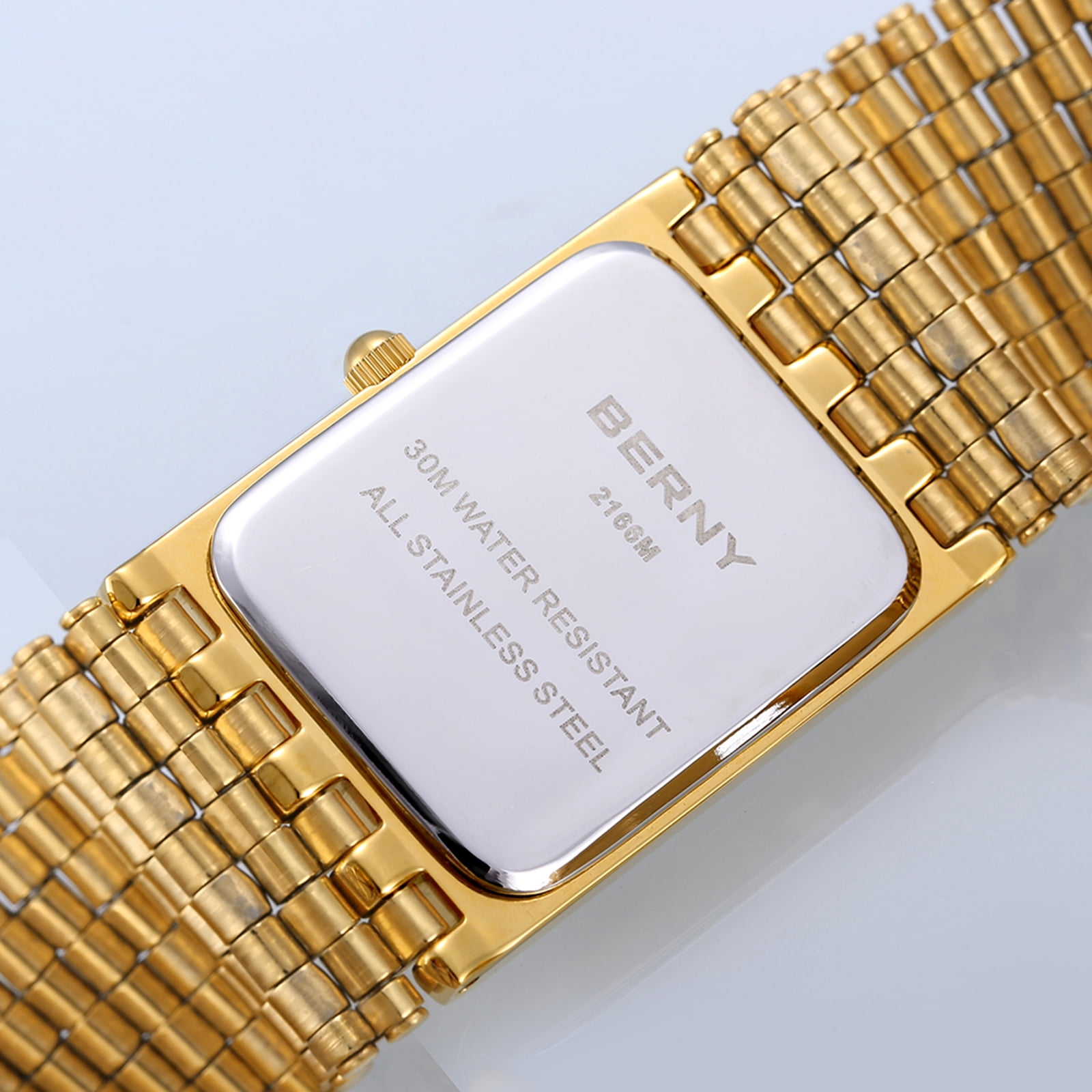 BERNY Men's Gold Rectangular Watch, Stainless Steel Quartz Wristwatch, Date Function, 3ATM Waterproof, Folding Clasp, Business Dress Watch for Men, Gift for Him (Black)