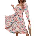 thumbnail image 4 of Xuanfei Women Floral Print Square Neck Smocked Bodice Tie Waist Flare Sleeve Dress, 4 of 6