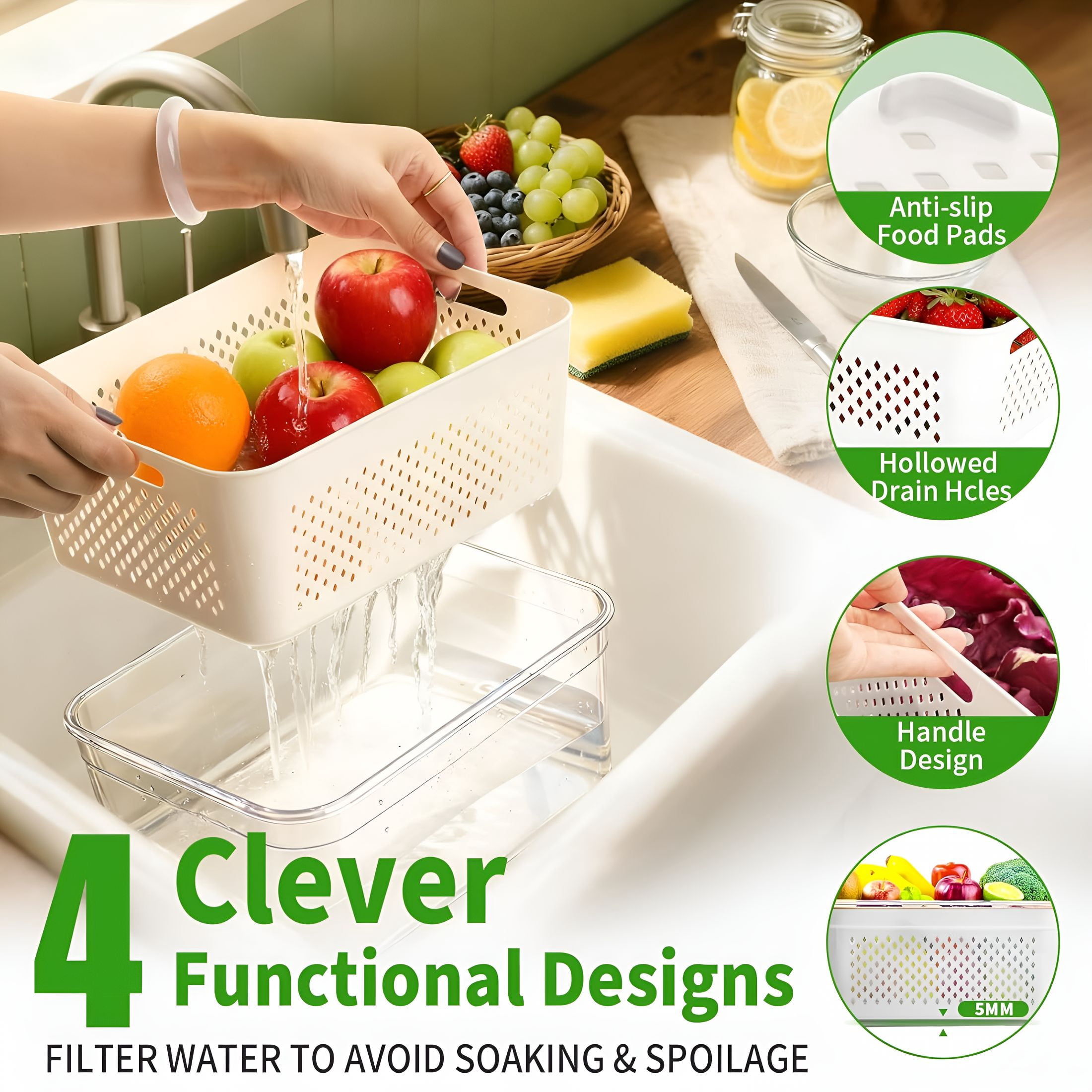 ACDANC 5-Pack Large Fruit Storage Containers for Fridge with Removable Colander,2 in 1 Produce Storage Containers,Bpa-Free Fridge Organizers and Storage Keep Fruits,Vegetables