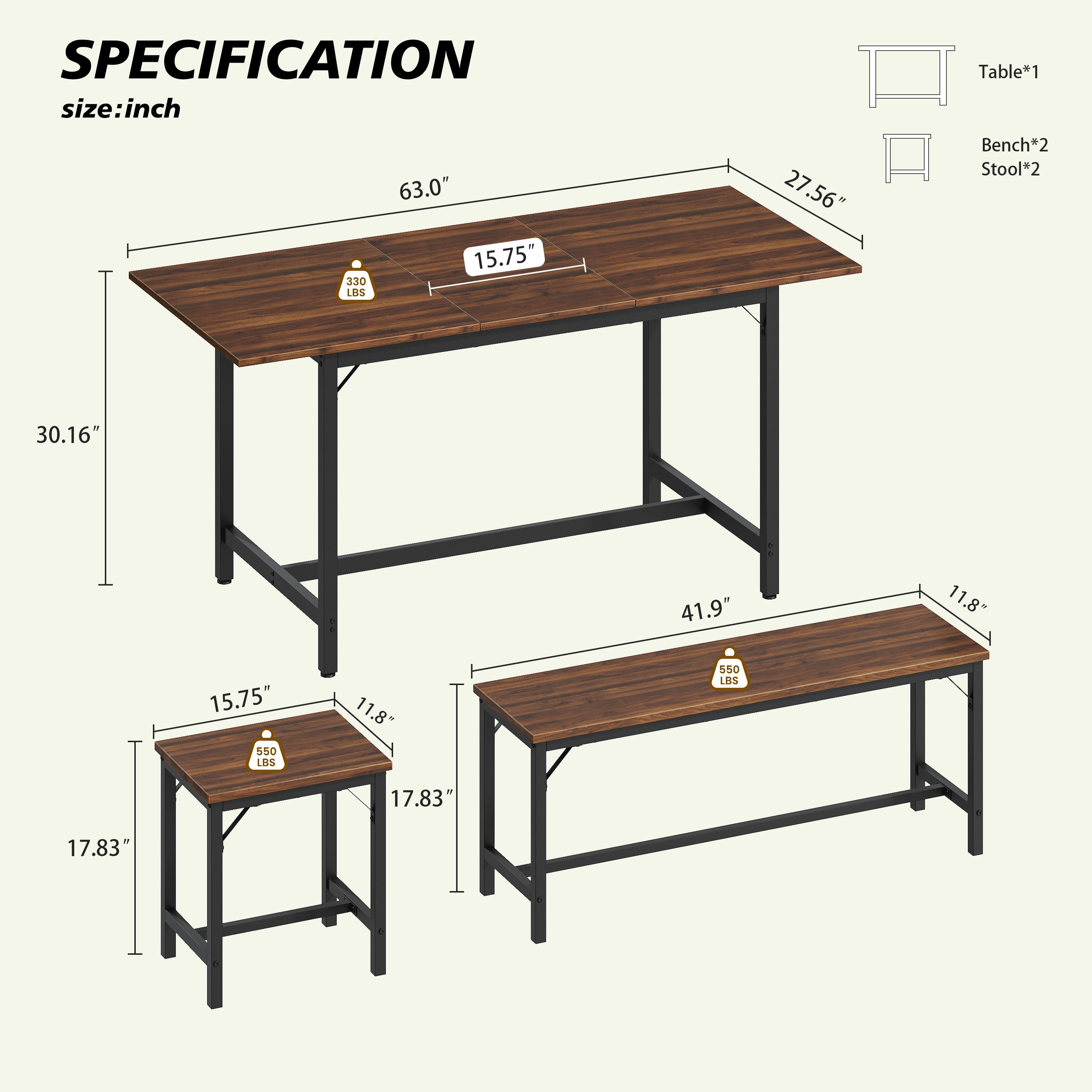 Aukfa 63" Extendable Dining Table Set for 4-8, 3-Piece Kitchen Table Set with 2 Benches & 2 Stools, Space Saving Wood Table & Metal Frame,Walnut