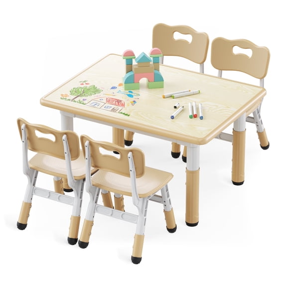 AILEEKISS Kids Table and 4 Chair Set, Height Adjustable Kids Art Table Play Desk for Toddler, Khaki