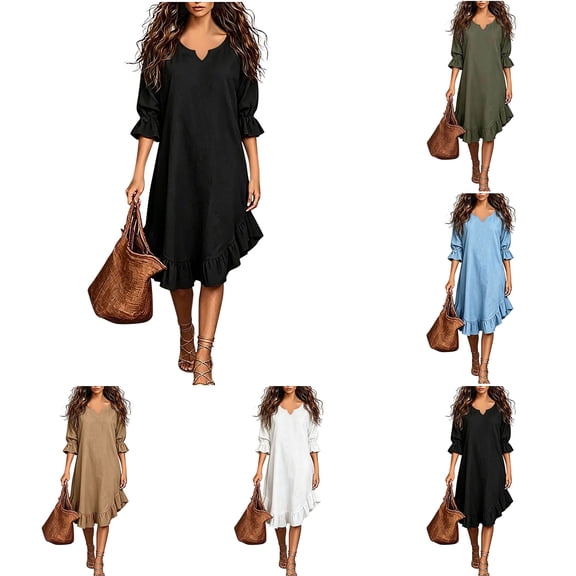 Zpzdpjkx Women's Notched V Neck 3/4 Sleeve Cotton Linen Midi Dress Loose Fit Irregular Ruffle Hem Casual Summer Dresses for Women