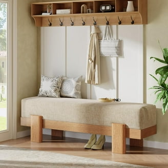 Pellebant Upholstered Entryway Bench – Tufted Fabric Ottoman, 43.3x15x18.9 Inch, Wood Dining Bench For Bedroom, Living Room, Hallway (Beige)
