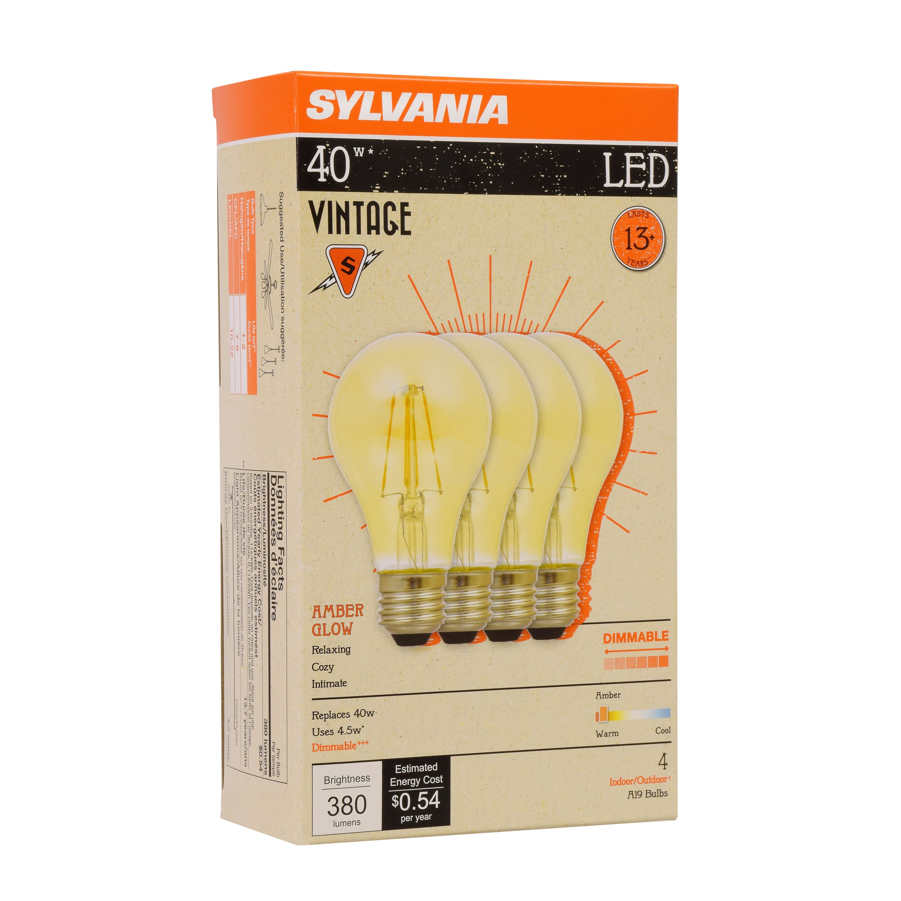 SYLVANIA Vintage LED Light Bulb, A19, 4.5W, Dimmable, 2200K, Amber Glow, 4 Pack