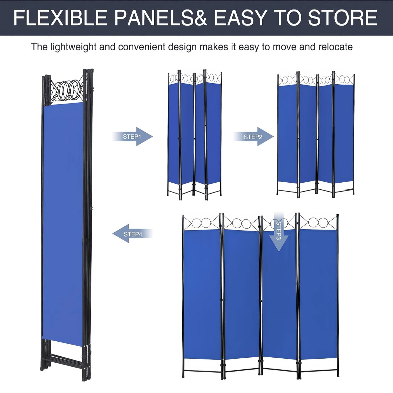 BIQWBIC 4-Panel Room Dividers and Folding Privacy Screens, 6.8 Ft Fabric Partition Screen, Blue