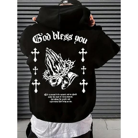 Heavyweight Polyester Black Religious Graphic Print Hoodie Shirt for Men & Women, up to Size 5XL