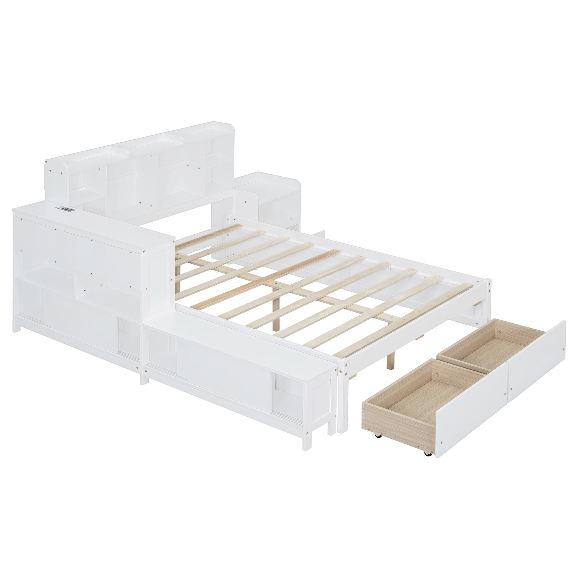 Euroco Wood Full Size Platform Bed with Nightstand and Drawers, Desk and Cabinets, USB Ports, White