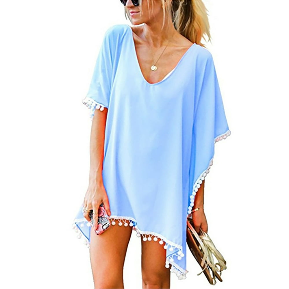 Sexy Dance Sexy Dance Women Swim Cover ups Pom Pom Trim Chiffon