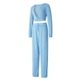 thumbnail image 2 of VISgogo Conjunto de 2 piezas de pantalones para mujer, blusas cortas con cuello en V de manga larga de color sólido con cordones + pantalones de pierna ancha VISgogo  moda, 2 of 9
