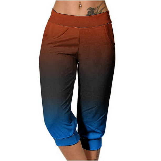 Mujeres Capri Pantalones Casual Suelto Largo Pantalones de Impresión con Corbata Elástica Cintura Y Bolsillos