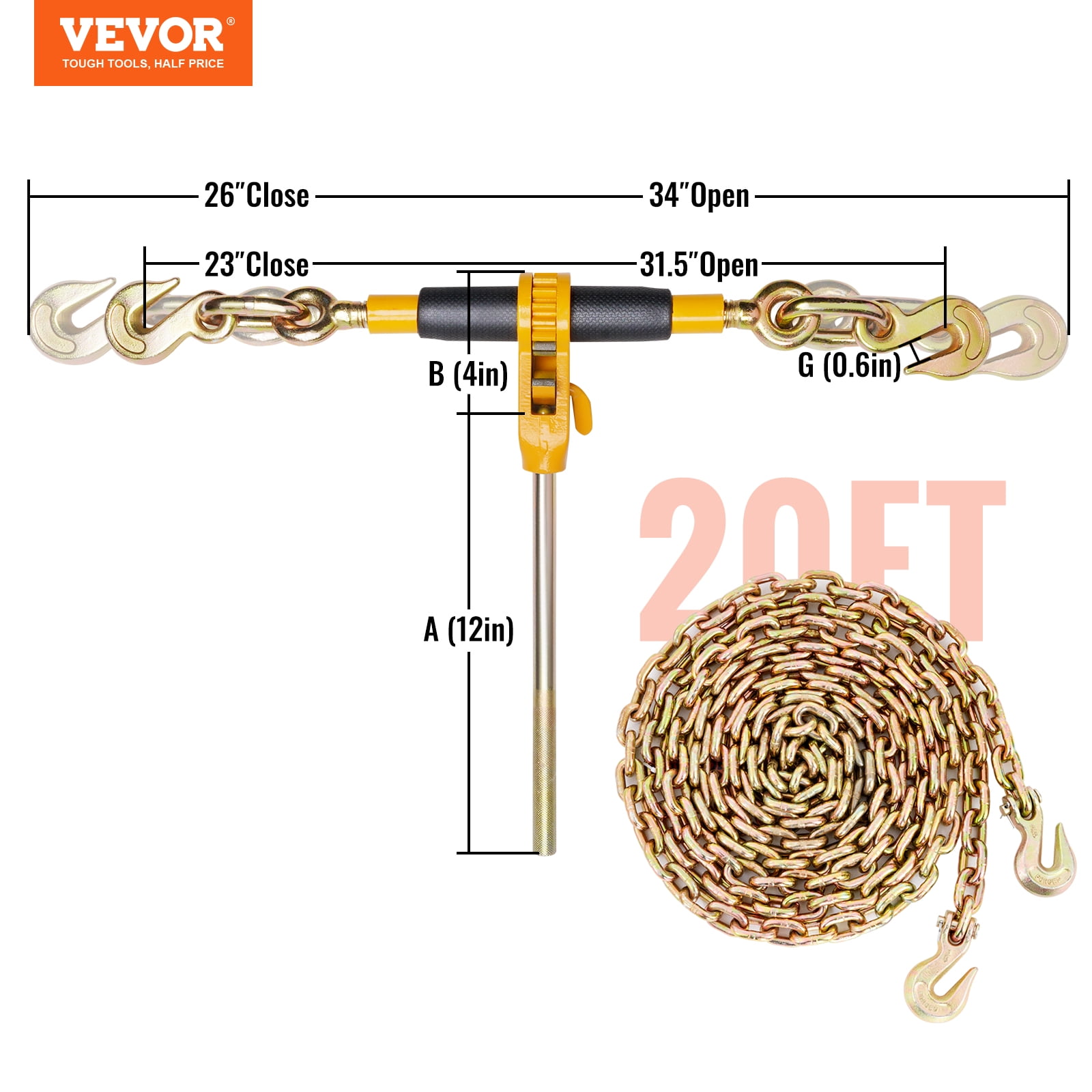 KFFKFF Ratchet Chain Binder 3/8"-1/2" Load Binders 12000 lbs with G80 Chains 2PCS